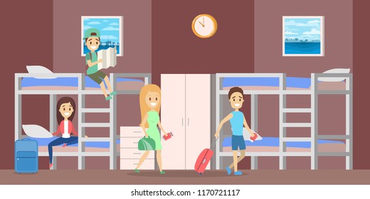 Hostel room interior with people inside. People sitting on the bed. Cheap accomodation. Flat vector illustration