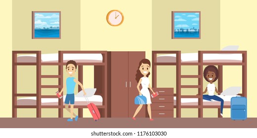 Hostel room interior with people inside. People sitting on the bed with baggage. Cheap accomodation. Flat vector illustration