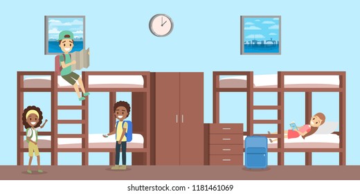 Hostel room interior with people inside. Children sitting and lying on the bed with baggage. Cheap accomodation. Flat vector illustration