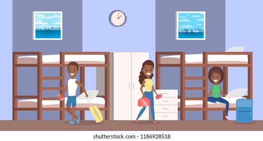 Hostel room interior with people inside. African american teen sitting on the bed with baggage. Cheap accomodation. Flat vector illustration