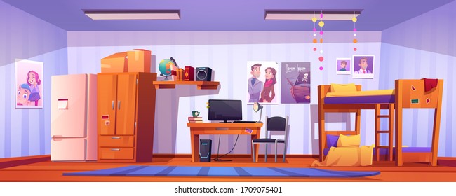 Hostel Room, Student Bedroom In Dormitory With Bunk Bed, Computer On Desk, Wardrobe And Fridge. Vector Cartoon Interior Of College Dorm, Guest Accommodation, Budget Apartment For Tourist