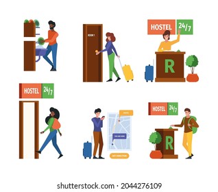 Hostel rooms. Friends sharing hotel lifestyle freelancers people live together students room simple modern furniture garish vector illustrations collection