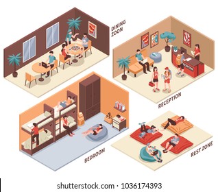 Hostel rooms with guests isometric set with dining hall, reception, bedroom, rest zone isolated vector illustration