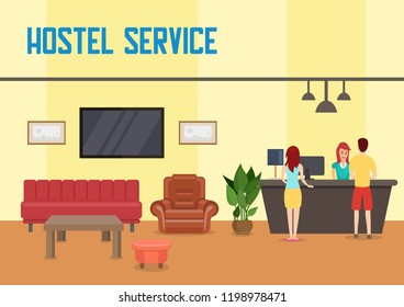 Hostel Service Concept. Reception and Hotel Accommodation. Hostel Restroom Interior and Check In. Man, Woman and Receptionist. Temporary Housing. Vector Flat Illustration.