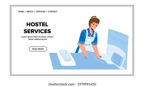 Hostel Services Worker Woman Cleaning Room Vector. Hostel Services Cleaner Making Bed And Clean Hotel Apartment Bedroom. Character Maid Lady In Uniform Web Flat Cartoon Illustration