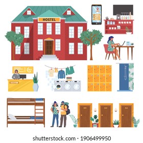 Hostel set, flat vector illustration isolated on white background. Hostel building, reception, cafe, lockers, shower, laundry room, bed, tourist couple, girl working on laptop.