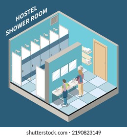 Hostel shower room isometric background with three sinks and five booths behind the partition vector illustration