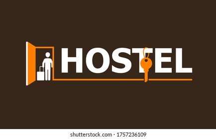 Hostel signboard with visitor standing in doorway and hanging room key