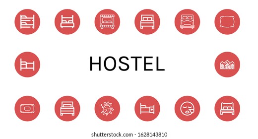 hostel simple icons set. Contains such icons as Bunk bed, Bed, Pillow, Sleeping, Hotel de glace, can be used for web, mobile and logo