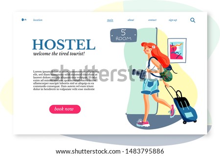 Hostel sitepage vector template. Hotel lodger with luggage, female student cartoon character. Hostel room booking, accommodation reservation. Young happy woman, tourist with baggage