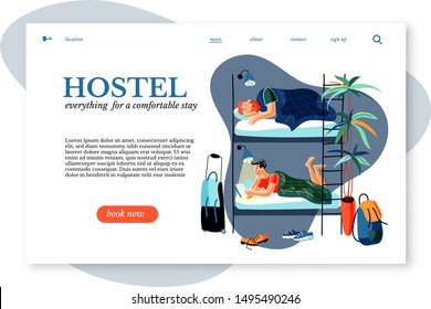 Hostel sitepage vector template. Hostel lodgers with luggage cartoon characters. College students, young friends sharing bunk bed. Smiling guy reading book. Accommodation rent