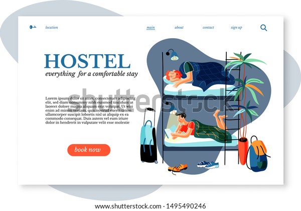 Hostel\
sitepage vector template. Hostel lodgers with luggage cartoon\
characters. College students, young friends sharing bunk bed.\
Smiling guy reading book. Accommodation\
rent
