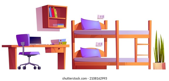 Hostel or student dormitory room interior stuff bunk bed with ladder, plant, bookshelf, workplace desk with laptop, files and chair. University living apartment items, isolated cartoon vector set