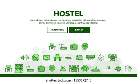 Hostel, Tourist Accommodation Landing Web Page Header Banner Template Vector. Hostel Facilities And Services.. Hotel Reservation. Hospitality Industry Illustration
