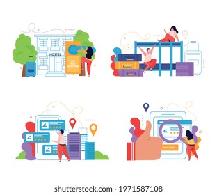 Hostel and tourists 2x2 design concept set of planning online search and reservation flat compositions vector illustration