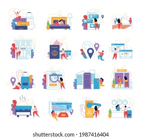 Hostel and tourists 4x4 flat icons with backpackers guesthouse buildings and elements of hotel interior vector illustration
