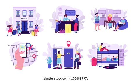 Hostel and tourists accomodation set of vector illustrations. Room in hostel for stay at night, travelers with luggage, mobile apps screen with map, cheap hotel or motel concept for touristic website.