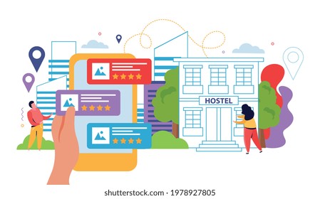 Hostel and tourists flat design concept with people booking hotel via mobile app vector illustration