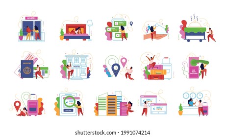 Hostel and tourists flat recolor set of online booking icons location markers hotel guests and staff vector illustration