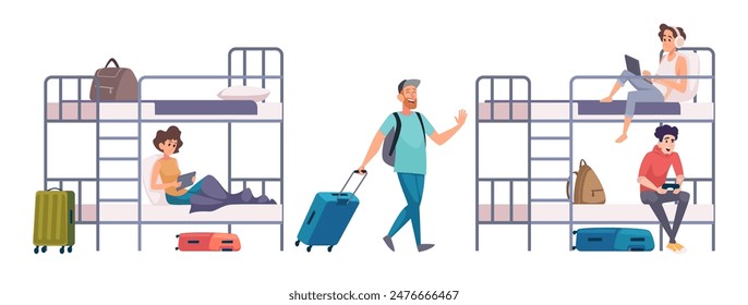 Hostel. Tourists lifestyle travelers spend time in hostel guest room exact vector concept illustrations