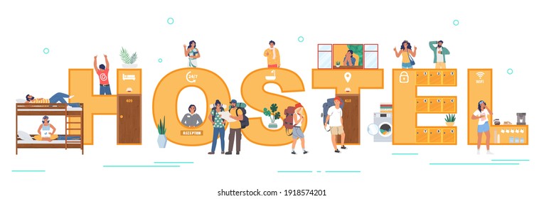 Hostel typography banner, flat vector illustration. Budget tourists, students living in hostel, dormitory room. Receptionist waiting for guests, travelers. Cheap hotel accommodation, bed and breakfast