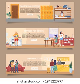 Hostel vector banner template set. Reception hall, cheap comfortable dormitory rooms, kitchen, laundry. Budget tourists, students living in hostel. Receptionist serving guests. Hotel service.