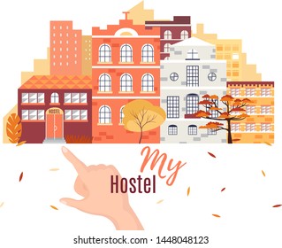 Hostel vector illustration.Budget low cost travel and autumn vacation graphic design elements, Youth hostel building facade.Illustration for web,flat design
