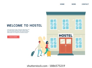 Hostel website banner with travel hotel building entrance and cartoon tourist people entering the front door. Vector illustration of exterior facade with sign.