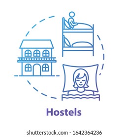 Hostels concept icon. Affordable accommodation, budget travel idea thin line illustration. Cheap hotel service, inexpensive guesthouse lodging. Vector isolated outline RGB color drawing