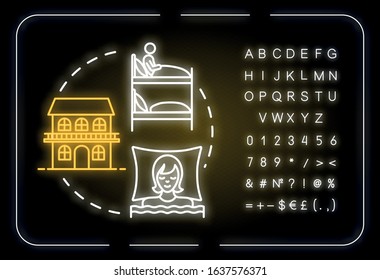 Hostels neon light concept icon. Affordable accommodation, budget travel idea. Inexpensive rest. Outer glowing sign with alphabet, numbers and symbols. Vector isolated RGB color illustration