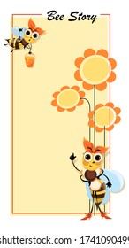 Hostess bee. Bee Story. Flowers honey. Swarm of bees collects honey. Poster with cute cartoon characters.