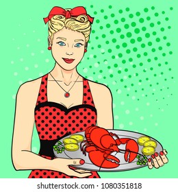 The hostess, the cook, the waiter in red serves food. A woman is presenting a lobster on a tray. Pop art style background, imitation comics. Vector illustration