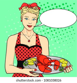 The hostess, the cook, the waiter in red serves food. A woman is presenting a lobster on a tray. Pop art style background, imitation comics. Vector illustration text bubble