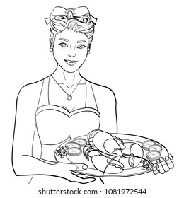 The hostess, the cook, the waiter in red serves food. A woman is presenting a lobster on a tray. Isolated object on white background. Vector illustration Book coloring for children