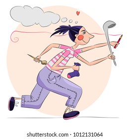 the hostess the girl runs forward, a multiarmed and happy. The image is isolated on a white background. Vector