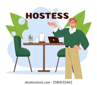 Hostess man concept. Young guy at workplace with inscription. Boss in office organizes effective work process. Person near comfortable workplace with laptop. Flat vector illustration