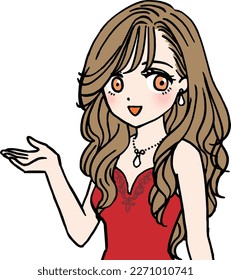 Hostess in red dress urging