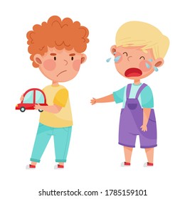 Un niño hostil con una presa enojada quitando el auto de juguete de su vector agematoso lloroso