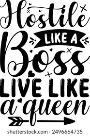 Hostile like a boss live like a queen - Charming vector banner featuring a girl with flying pink paper hearts. A symbol of love on a pristine white background, suitable for greeting cards, mugs, and v