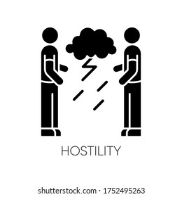 Hostility black glyph icon. Aggressive behaviour. Dispute with offended man. Tense relationship. Problem with bad attitude. Silhouette symbol on white space. Vector isolated illustration