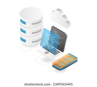 Hosting application cloud server programmer isometric illustration