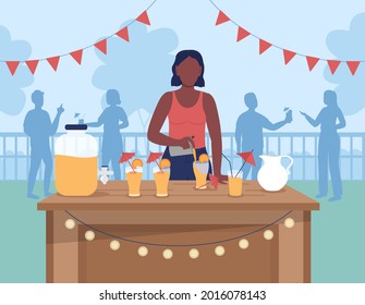 Hosting Backyard Cocktail Party Flat Color Vector Illustration. Serving Mixed Alcoholic Drinks For Friends. Female Bartender 2D Cartoon Character With Informal Social Gathering On Background