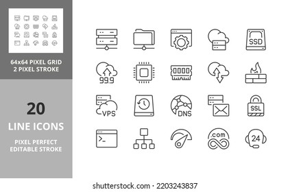 Hosting and cloud computing networks concepts. Thin line icon set. Outline symbol collection. Editable vector stroke. 64 and 256 Pixel Perfect scalable to 128px