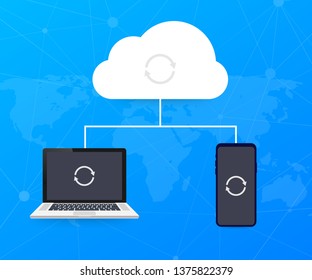 Hosting cloud concept with computer, smartphone and tablet , cloud computing technology. Vector stock illustration.