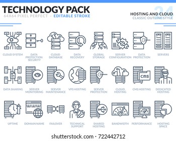 Hosting and Cloud Icons Set. Editable Stroke. Technology outline icons pack. Pixel perfect thin line vector icons for web design and website application.