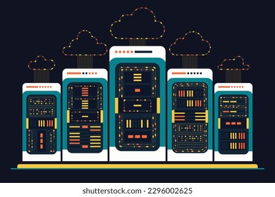 Hosting, almacenamiento en la nube descarga ilustración vectorial plana. Grandes datos. Servicio digital o aplicación con transferencia de datos. Tecnología informática en línea. Centro de servidores y red de centros de datos