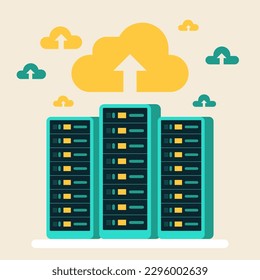 Hosting, cloud storage download flat vector illustration. Big data. Digital service or app with data transfering. Online computing technology. Server center and datacenter network