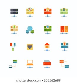 Hosting computer network flat icons set with file dashboard infrastructure elements isolated vector illustration