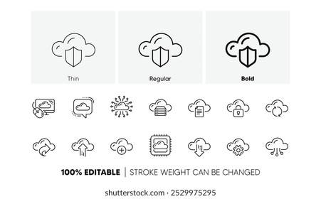 Hospedagem, computação de dados e armazenamento de arquivos. Dados em nuvem e ícones de tecnologia. Conjunto de ícones lineares de sincronização do computador. Conjunto de ícones de linha. Vetor