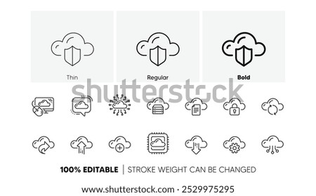 Hosting, Computing data and File storage. Cloud data and technology icons. Computer sync linear icon set. Line icons set. Vector